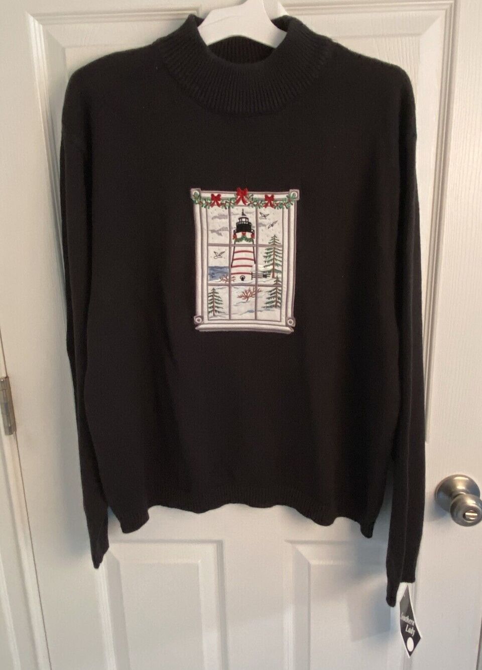 Vintage Christmas Sweater Lighthouse Womens Size XL NAUTICAL Holiday Black NWT